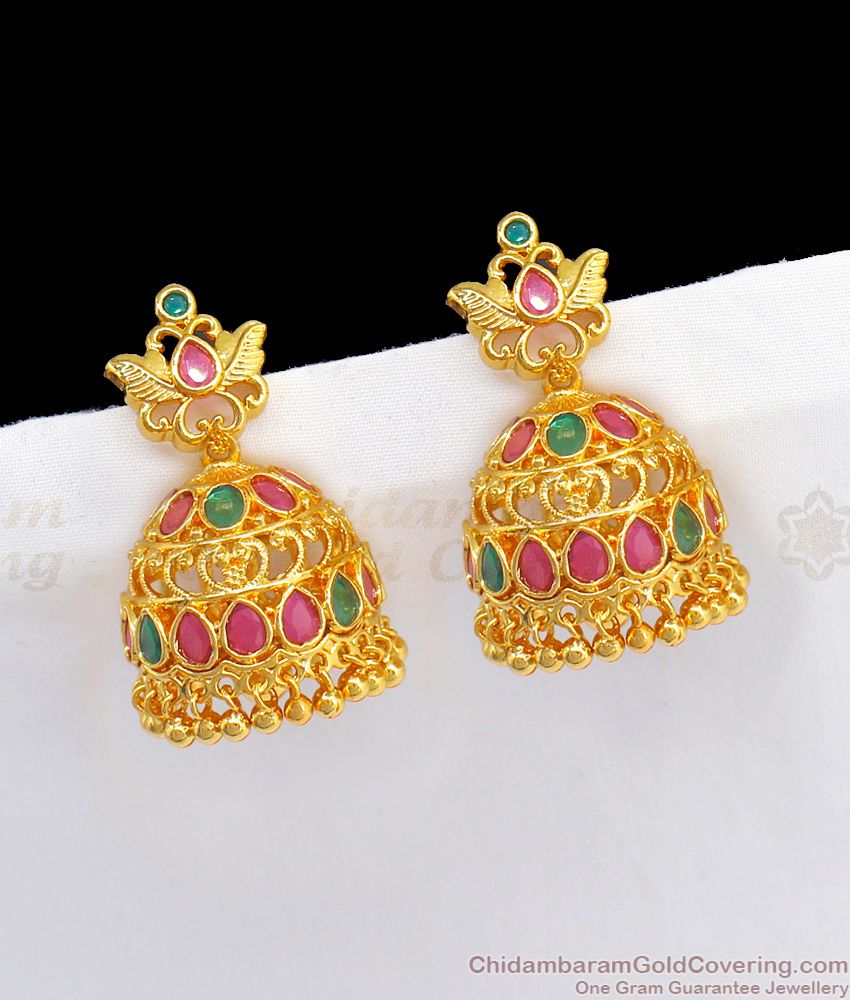 Amazing Ruby Emerald Gold Jhimiki Earrings For Bridal Wear ER2296 Amazing Ruby Emerald Gold Jhimiki Earrings For Bridal Wear ER2296