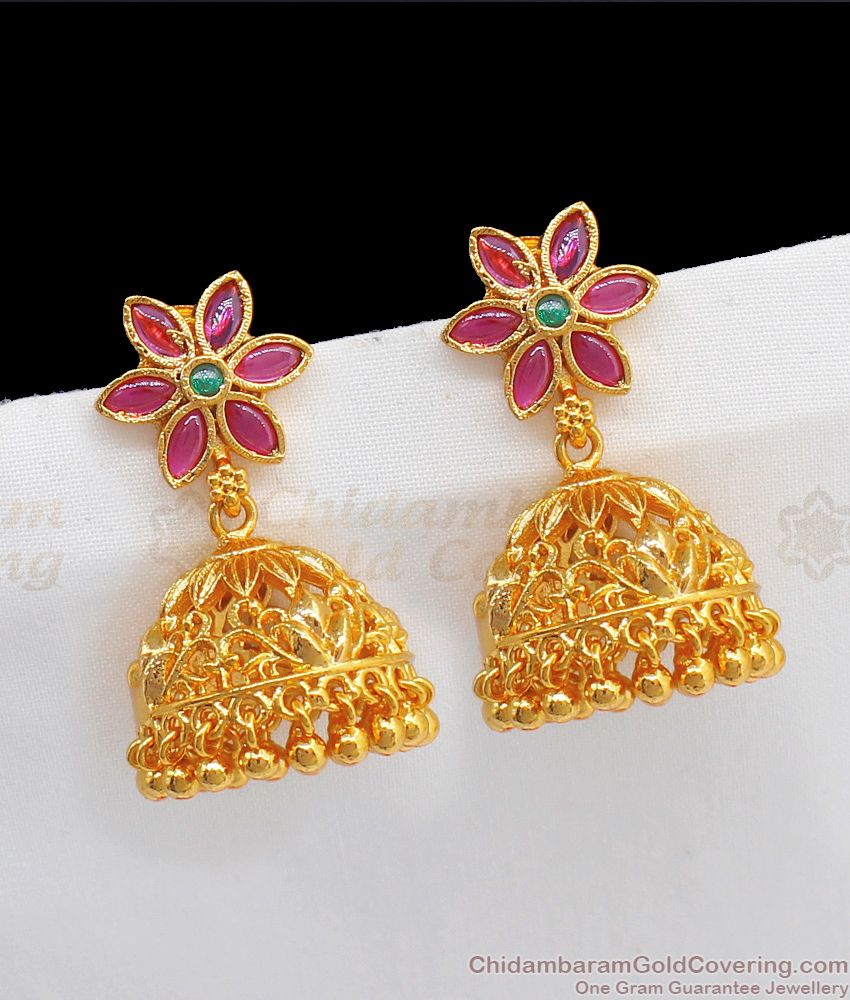 Bridal Wear Gold Jhumkas With Ruby Emerald Stone ER2330