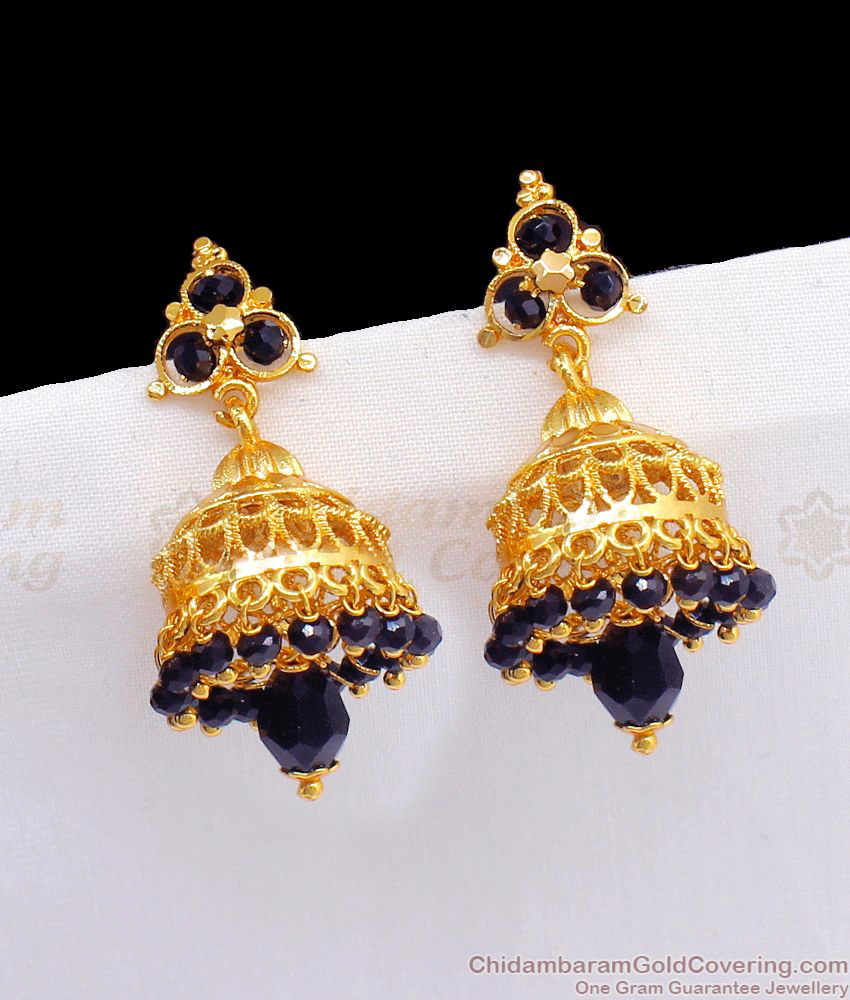 Black Crystal Umbrella Jhumki One Gram Gold Earrings ER2342
