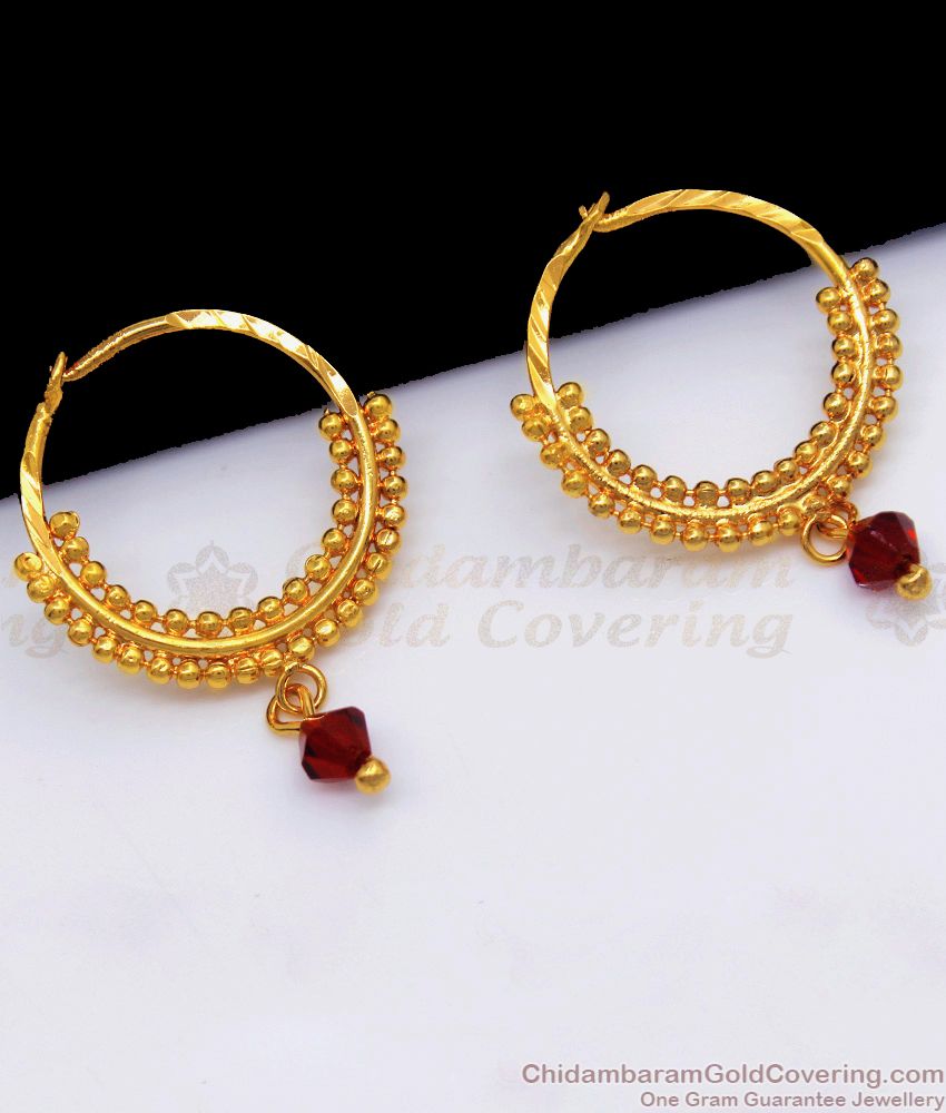 Daily Wear Gold Hoop Earrings With Red Beads ER2356