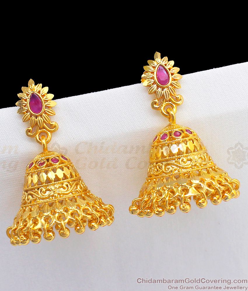 Unique Ruby Emerald Stone Jimki Kammal Forming Gold Earrings  Bridal Wear ER2359