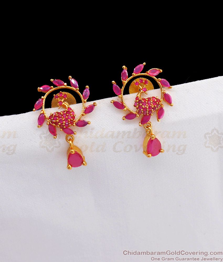 Pin Type Full Ruby Peacock Design Gold Studs For Party Wear ER2397