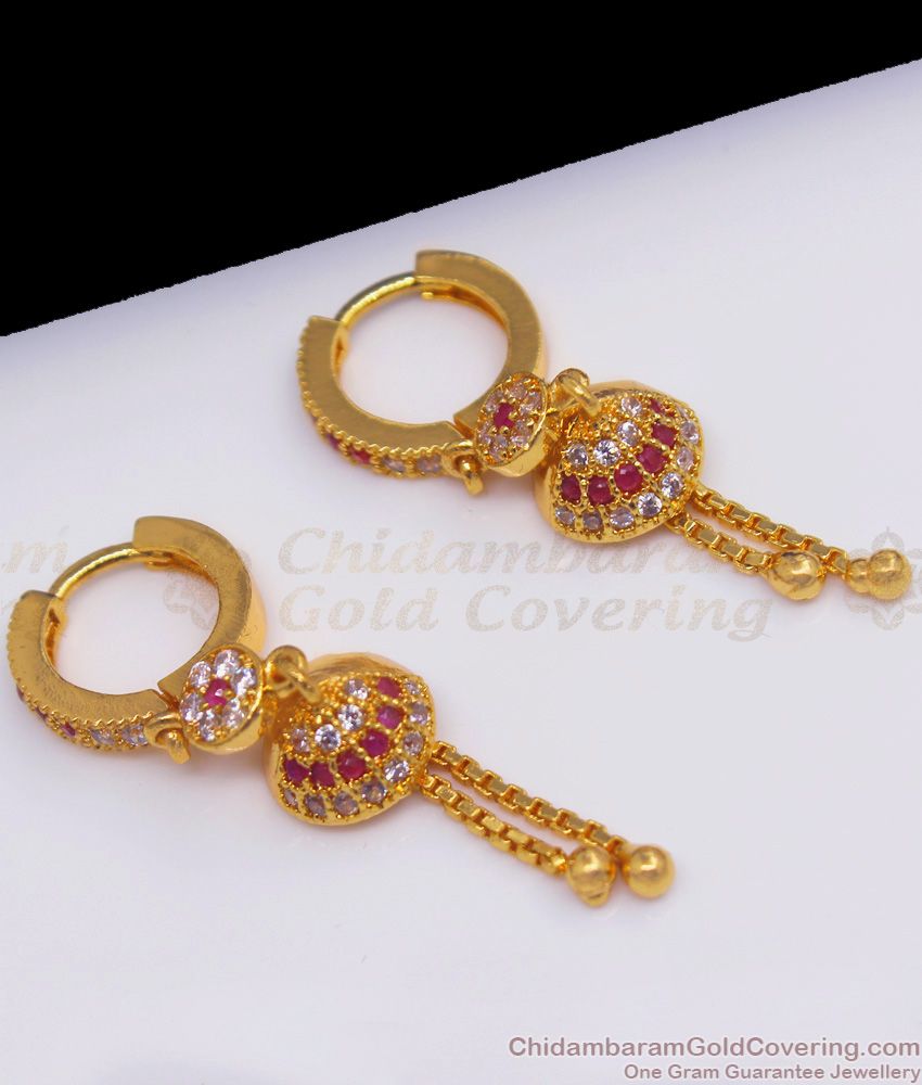 Ruby And White Stone Gold Hoop Earrings Jhumkas ER2399