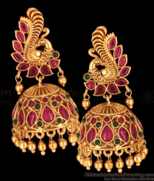 Premium Quality Peacock Temple Jhumkas Kemp Stone Antique Earrings Collection Online ER2410 Premium Quality Peacock Temple Jhumkas Kemp Stone Antique Earrings Collection Online ER2410