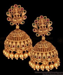 Antique Nagas Lakshmi Temple Jhumkas With Multi Colour Kemp Stone Earrings Collection ER2411 Antique Nagas Lakshmi Temple Jhumkas With Multi Colour Kemp Stone Earrings Collection ER2411