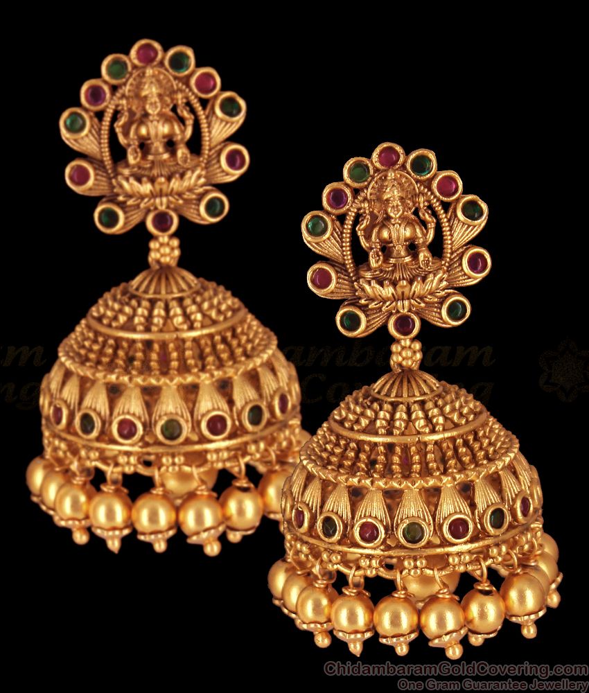 Antique Nagas Lakshmi Temple Jhumkas With Multi Colour Kemp Stone Earrings Collection ER2411