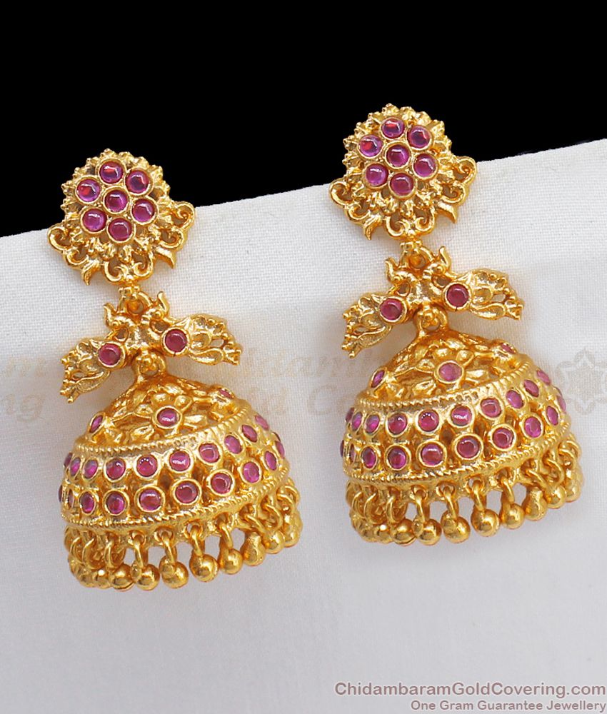 Peacock Bridal Design Jewelry Grand Ruby Gold Finish Jhumki Earrings ER2490