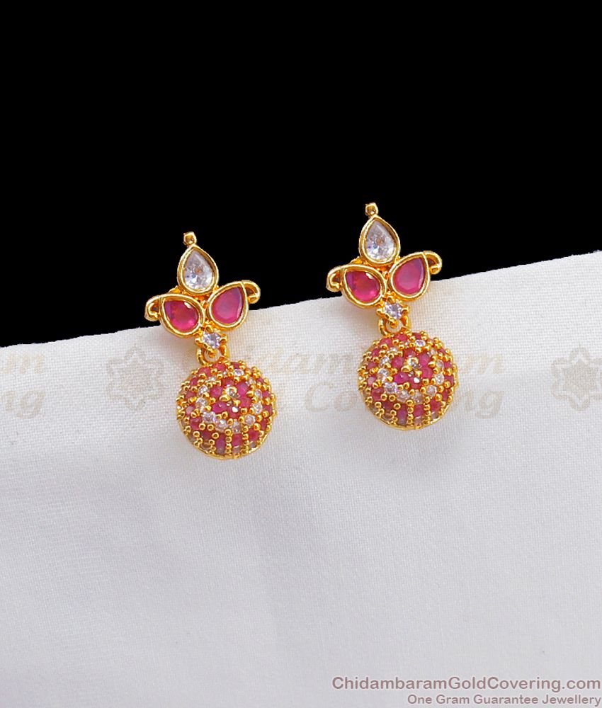 Latest AD White And Pink Stone Gold Earring Dangler Design For Ladies ER2494