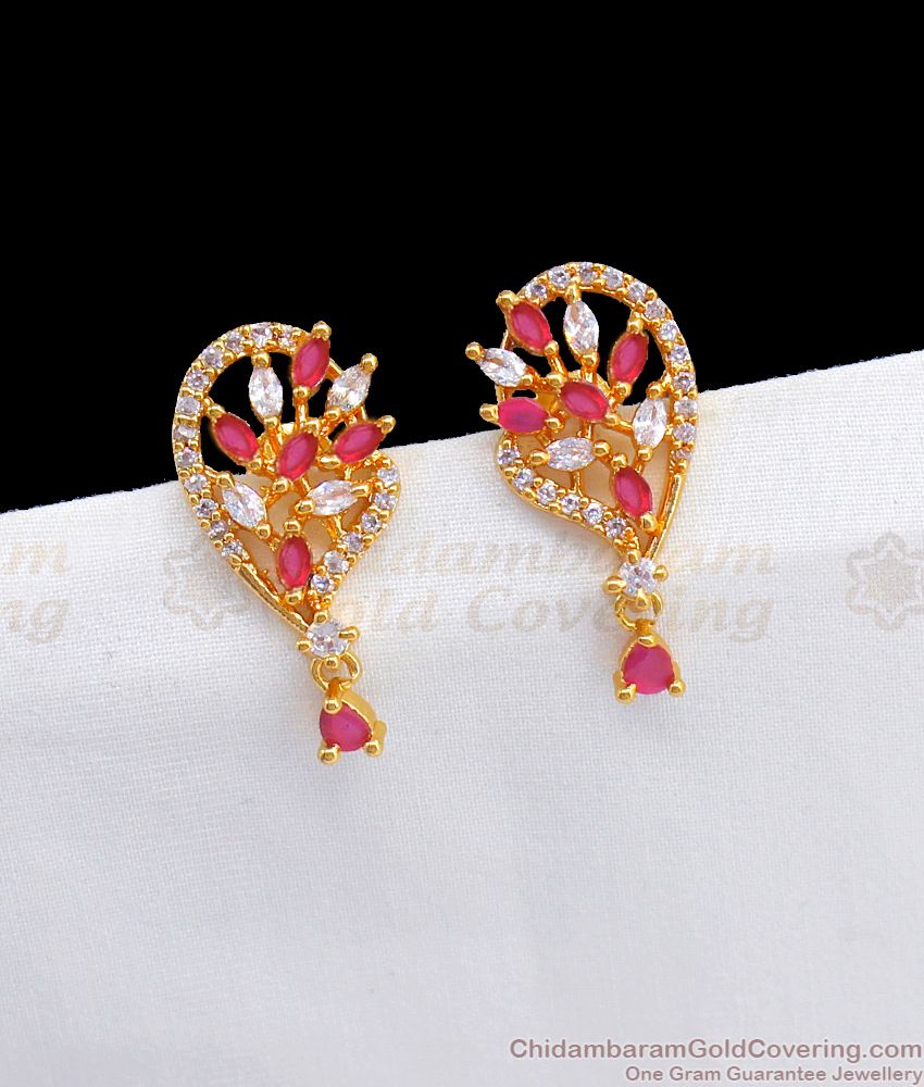 AD White And Pink Stone Gold Stud Earring Design For Ladies ER2522