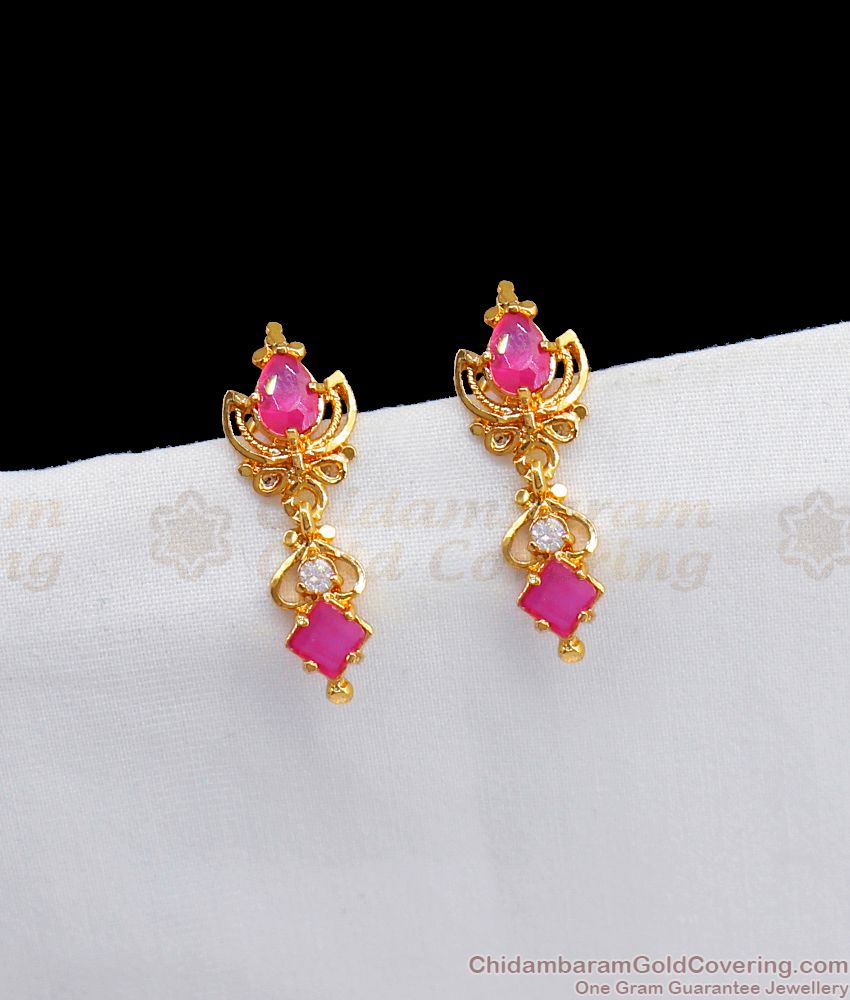 Elegant AD Pink Stone Gold Earring Dangler Design For Ladies ER2526