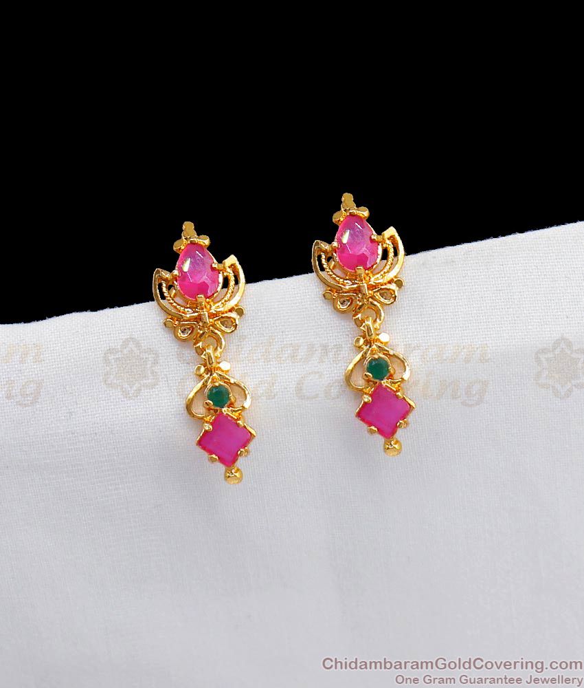 Stylish AD Pink Green Stone Gold Earring Dangler Design For Ladies ER2527
