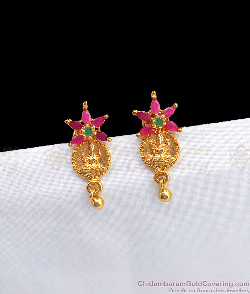 Latest Ruby Emerald Stone Lakshmi Gold Earring For Daily Wear ER2572