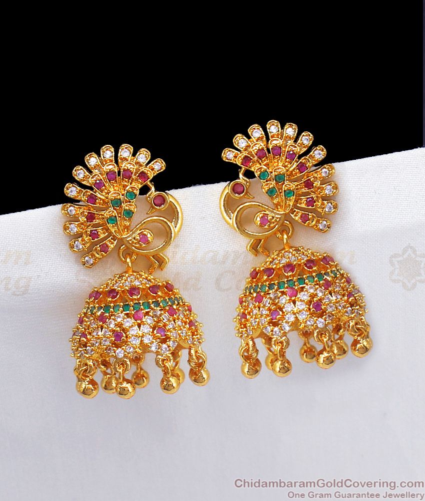 Beautiful Peacock Design Multi Stone Gold Bridal Jimiki Earrings ER2591