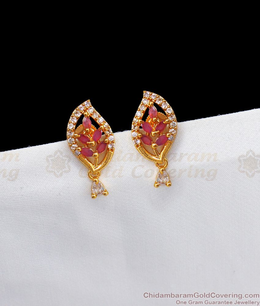 Cute Leaf Design Ruby White Stone Gold Stud Earrings ER2596