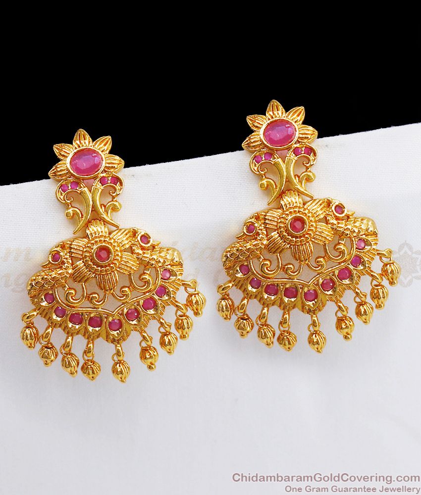 One Gram Gold Ruby Stone Big Dangler Earrings ER2669