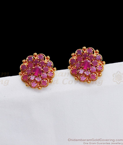 Big Stud Flower Pattern Full Ruby Stone Gold Earrings ER2691