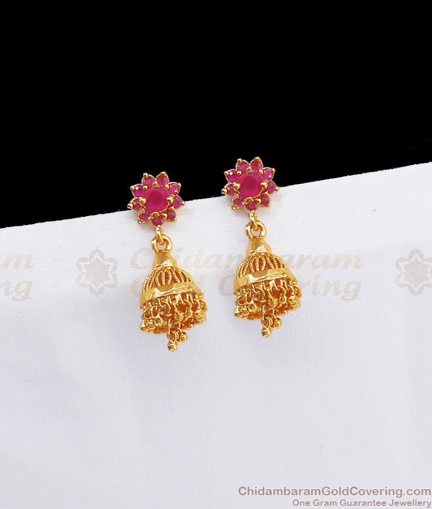 Flower Design Ruby Stone Small Jimiki Gold Earrings ER2703