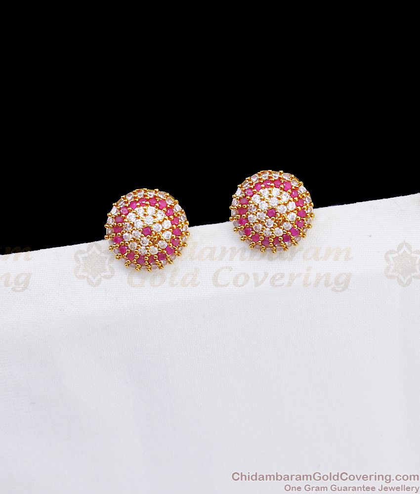 Button Model Ruby White Stone Stud Gold Earrings ER2710