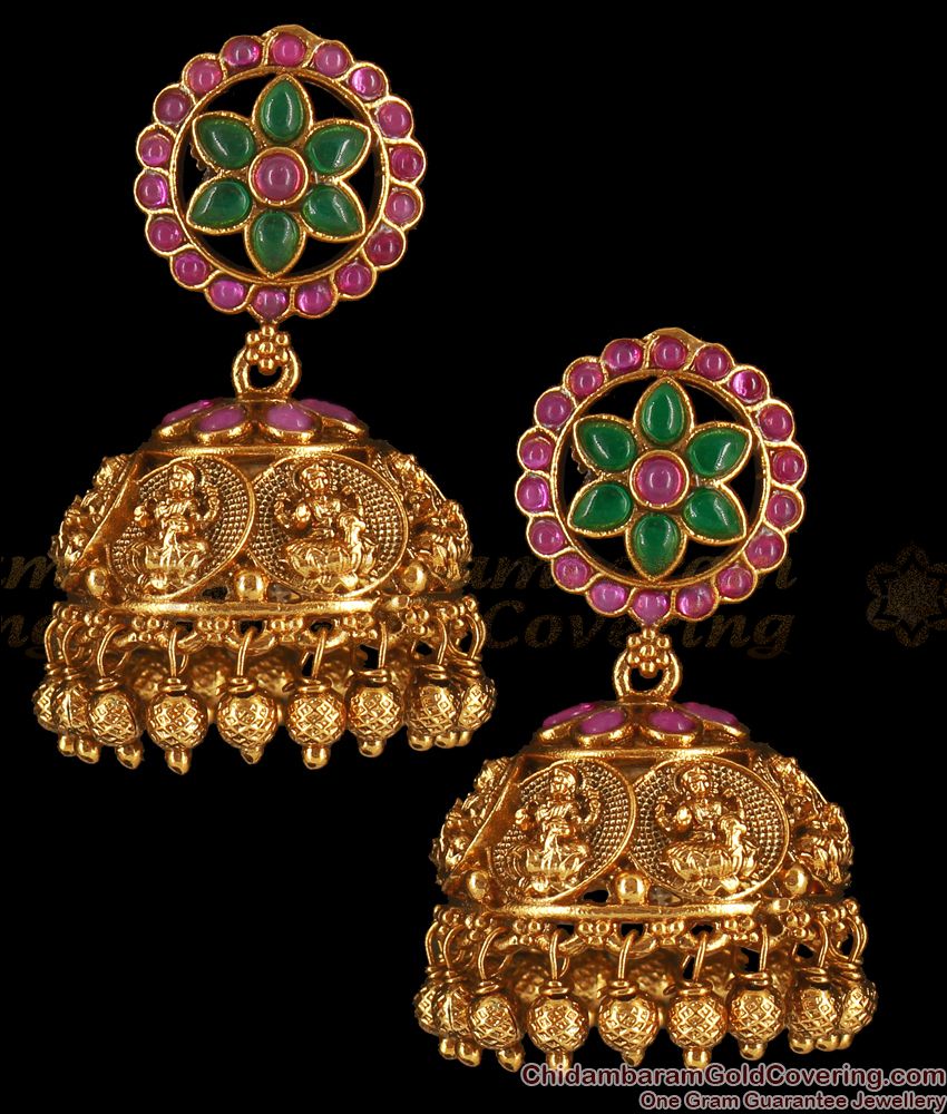 Elegant Emerald Ruby Stone Lakshmi Antique Jimiki Earrings ER2720 Elegant Emerald Ruby Stone Lakshmi Antique Jimiki Earrings ER2720