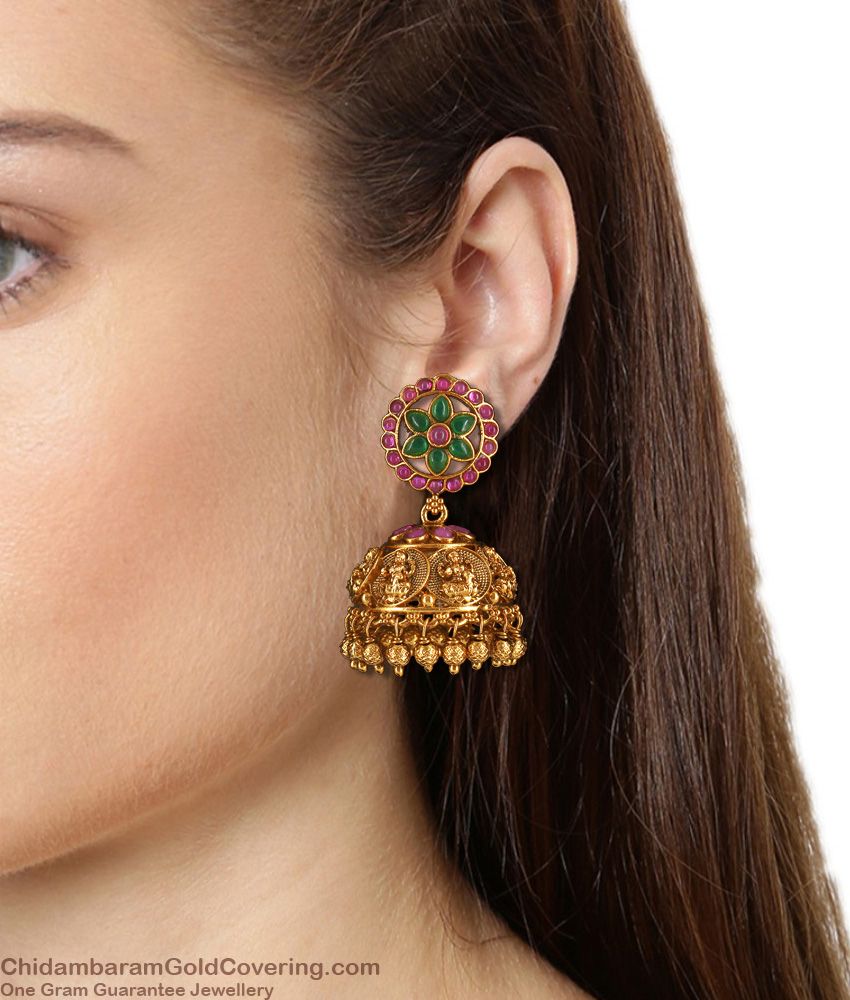 Elegant Emerald Ruby Stone Lakshmi Antique Jimiki Earrings ER2720 Elegant Emerald Ruby Stone Lakshmi Antique Jimiki Earrings ER2720
