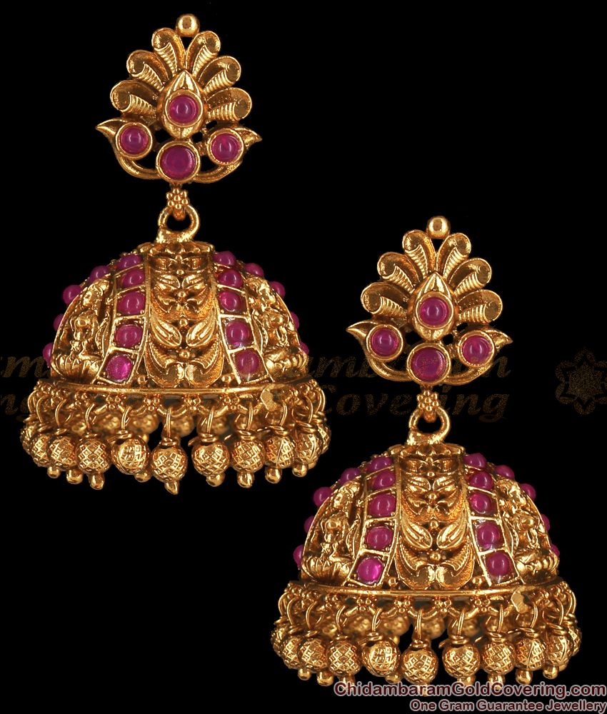 Ravishing Ruby Stone Lakshmi Model Jimiki Antique Earrings ER2721