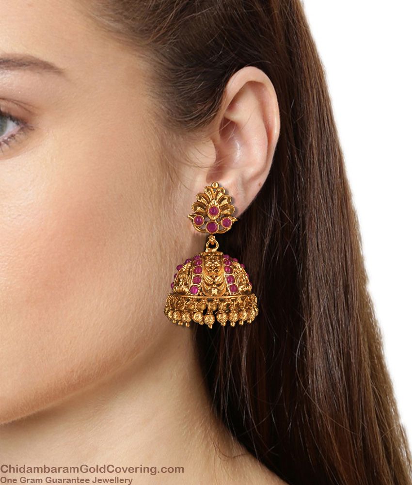 Ravishing Ruby Stone Lakshmi Model Jimiki Antique Earrings ER2721