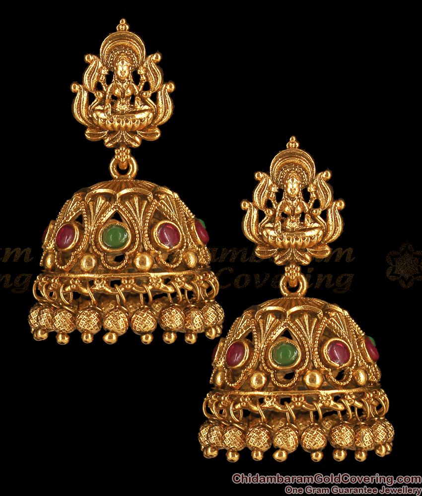 Unique Divine Lakshmi Model Ruby Emerald Antique Jimiki Earrings ER2729
