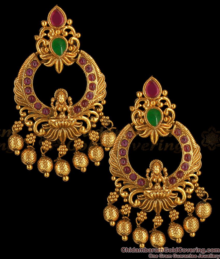 Antique Lakshmi Ruby Emerald Dangler Chandbali Earrings ER2738