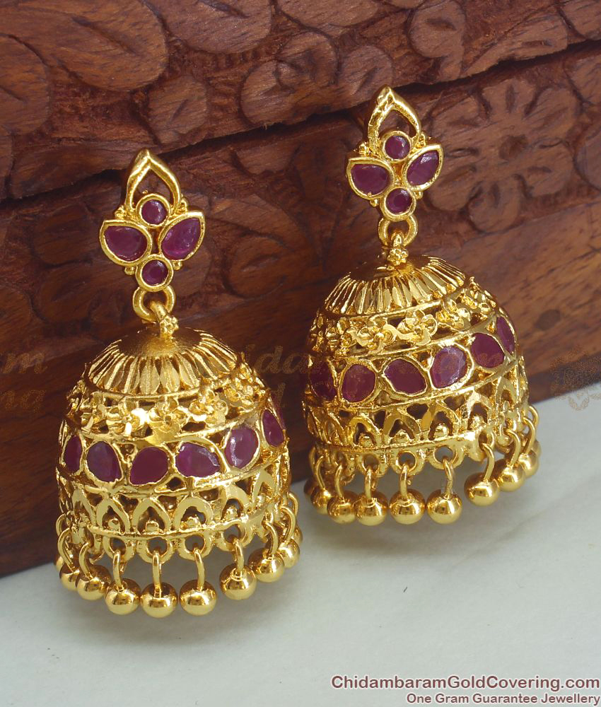 Full Ruby Stone Big Jhumki Earrings One Gram Gold Collections ER2746