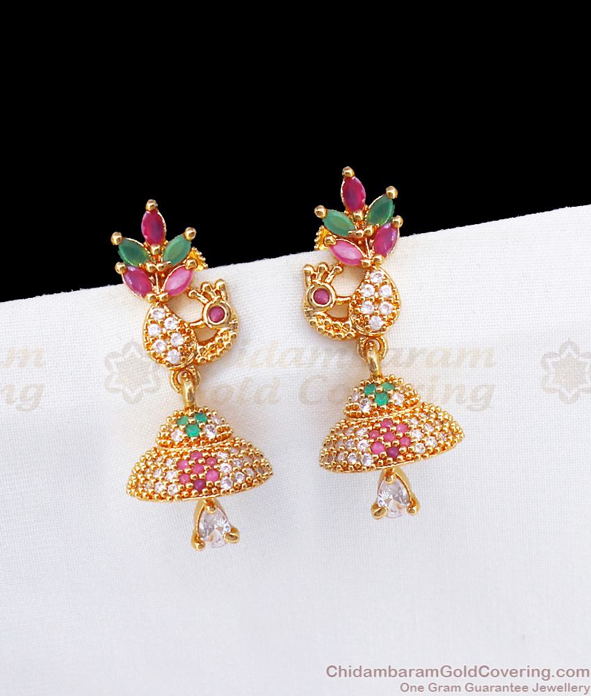 One Gram Gold Multi Stone Peacock Gold Jhumki ER2768