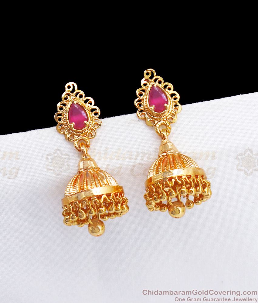 Traditional One Gram Gold Jhumka Earrings Ruby Stone ER2780
