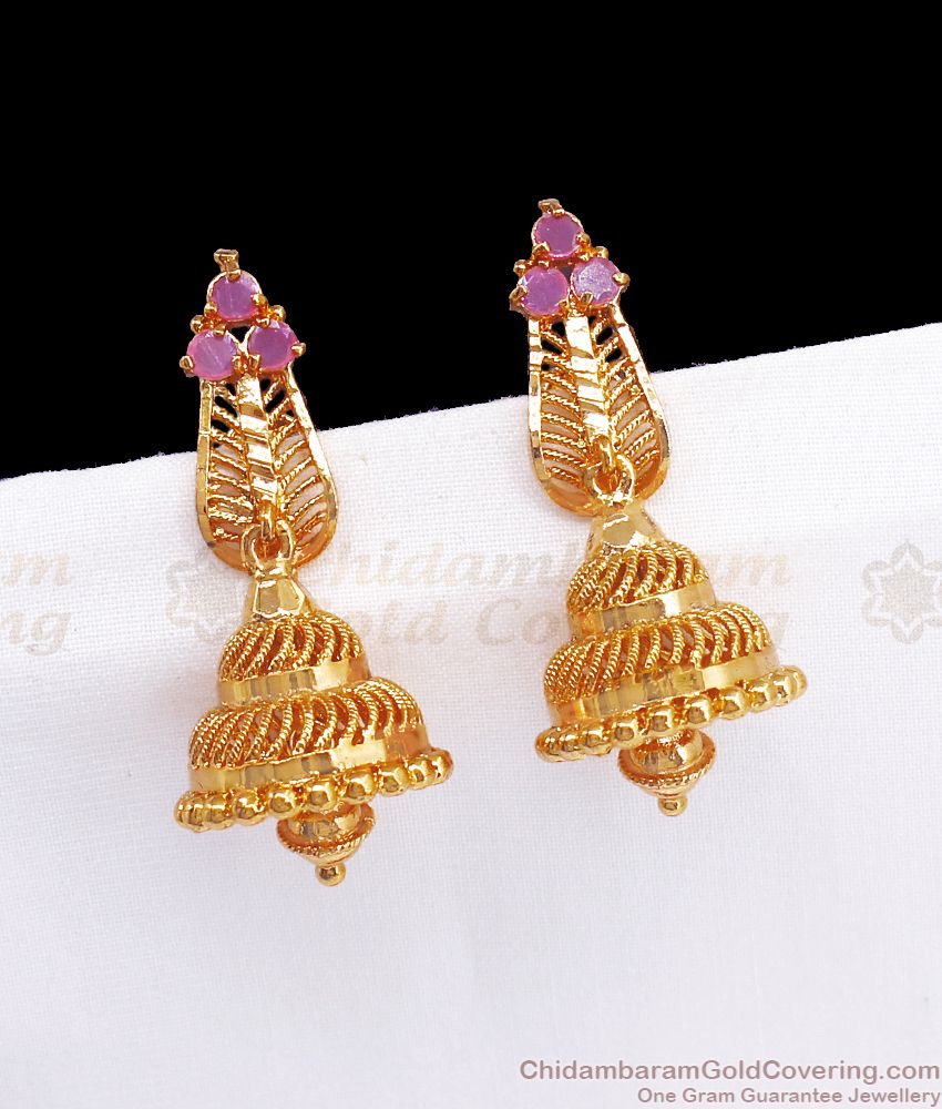 Gold Jhumka Design Triple Ruby Stone Womens Fashion ER2781