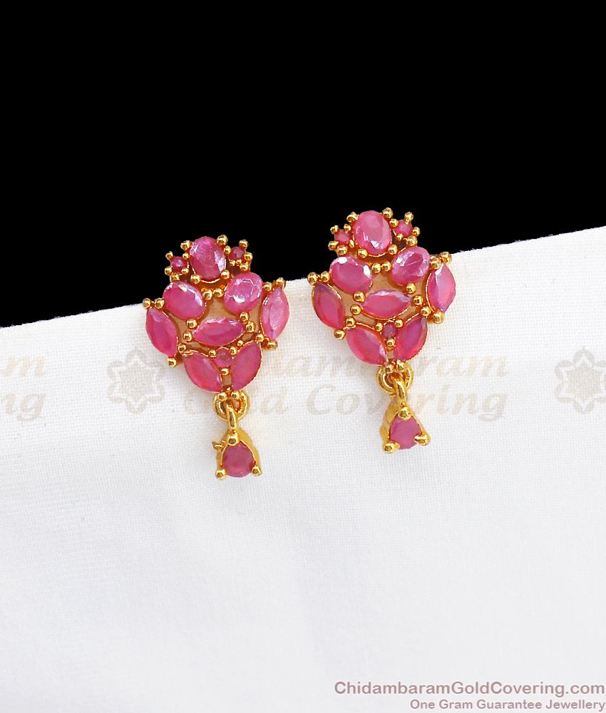 Floral Full Ruby Stone Gold Stud Earring Daily Wear ER2821