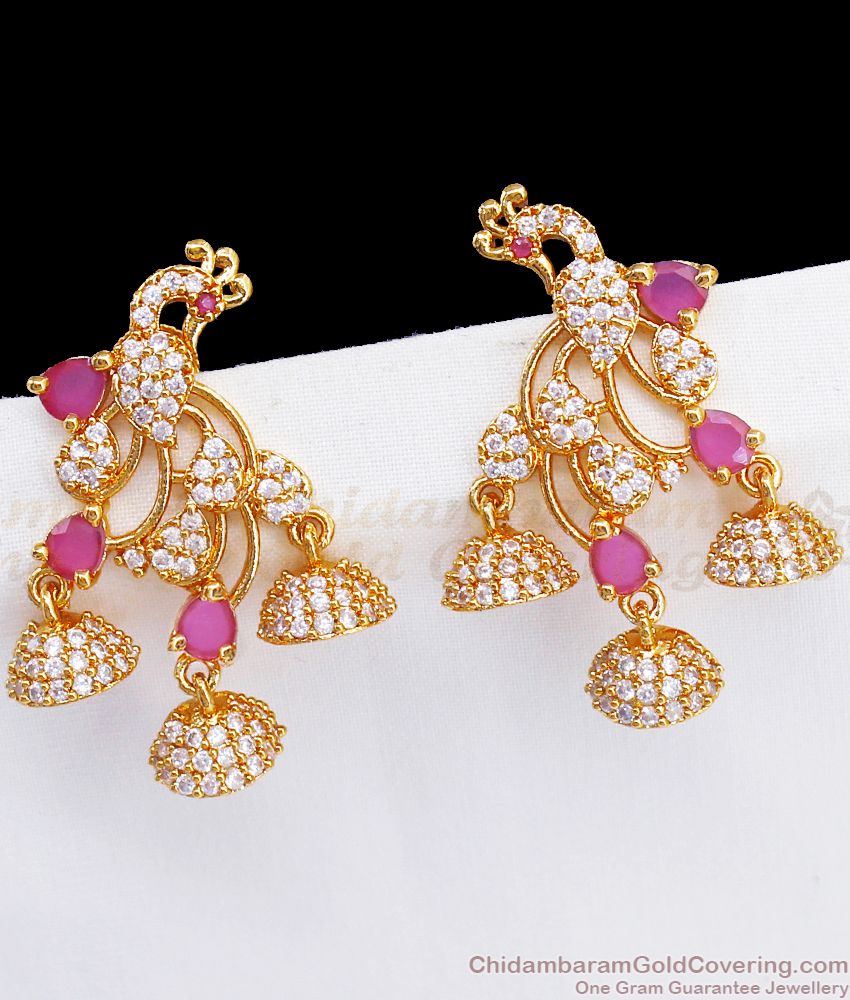 Glittering Diamond Ruby Stone Peacock Design Gold Bridal Earring ER2824