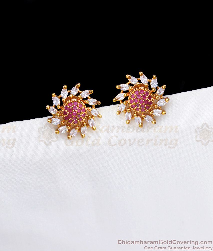 One Gram Gold Stud Earring Ruby White Stone Daily Wear ER2856