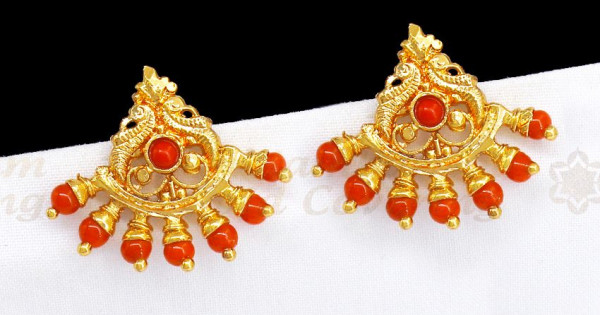 22K Gold Earrings Studded With Pearls & Corals - Lagu Bandhu