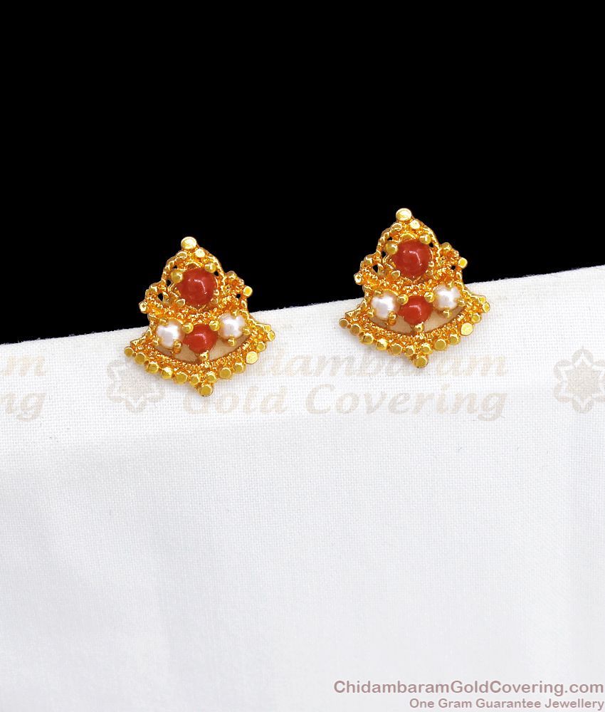 Red Coral Gold Plated Stud Earring Ruby White Pearls ER2880