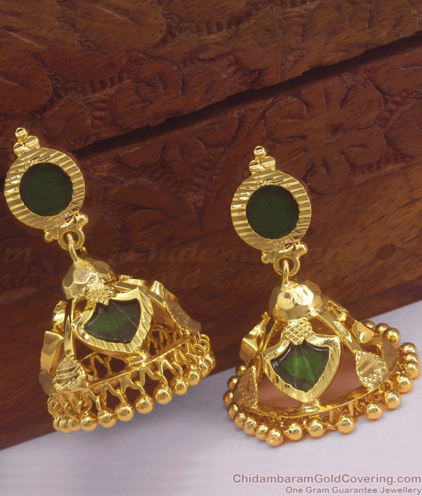 Grand Big Jhumka Green Palakka Stone Kerala Jewelry ER2976