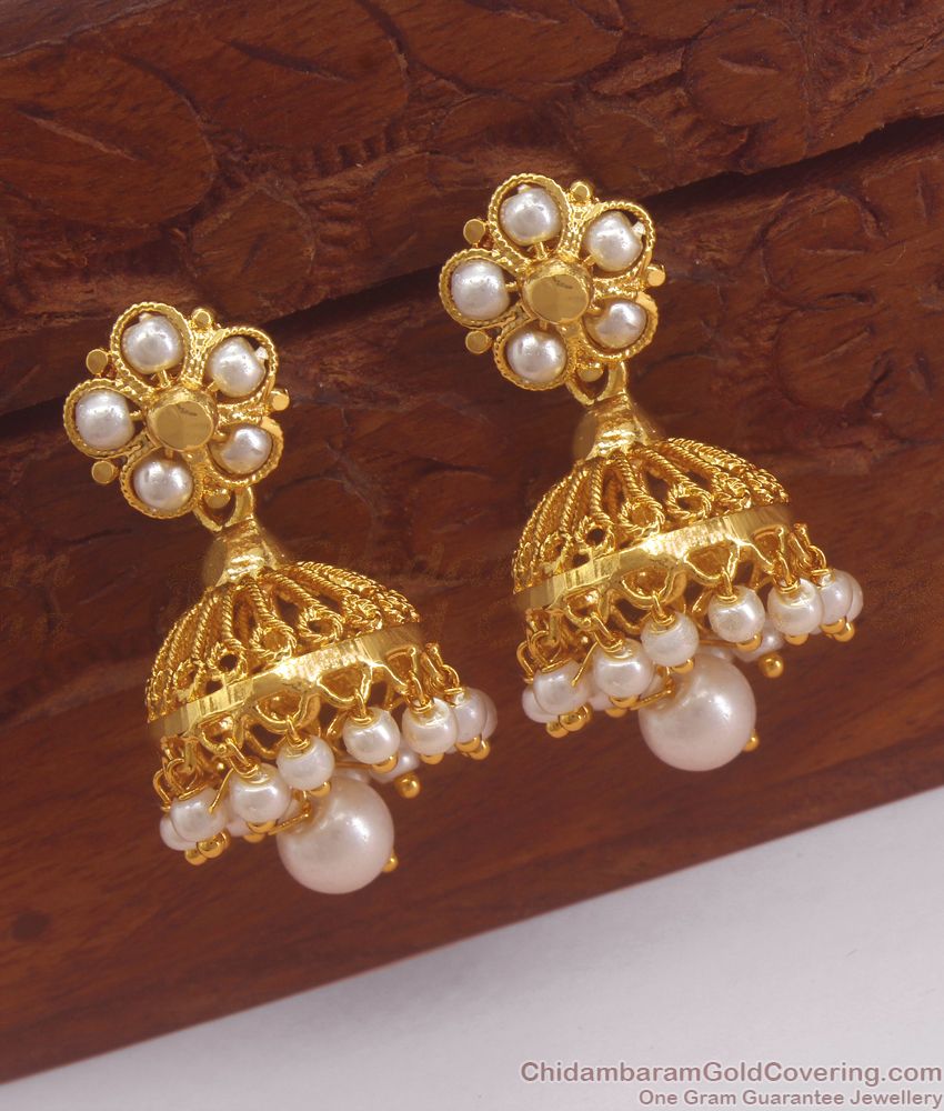 Attractive One Gram Gold Jhumki White Pearls ER2980