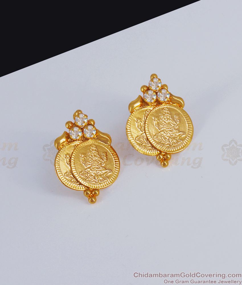 Gold Plated Lakshmi Coin Stud White Stone Earrings ER2998