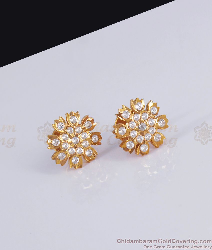 Glittering White Stone Impon Stud Earring Flower Design ER3003