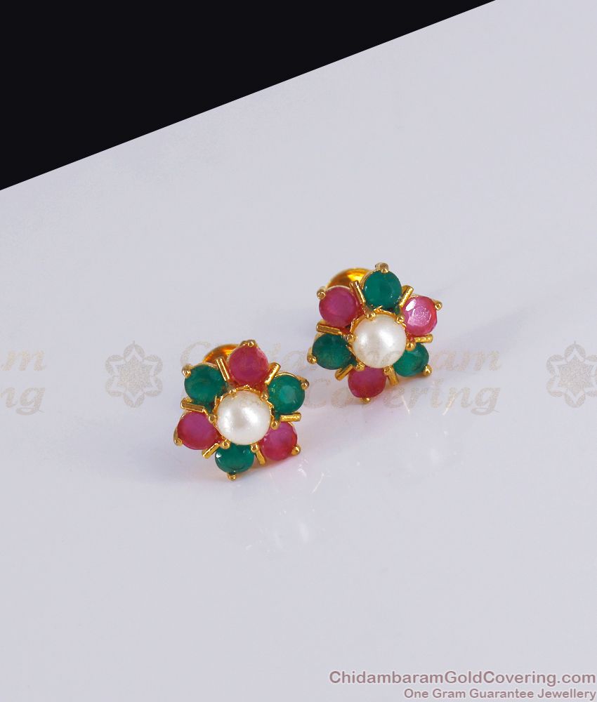 Multi Stone One Gram Gold Stud Earring 6 Petal Flower Design ER3009