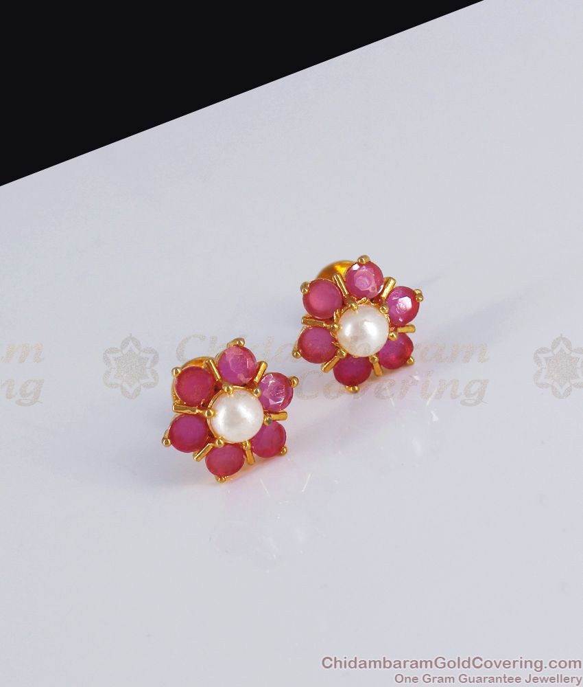 Gold Plated Stud Earring Ruby White Pearl Stone ER3010