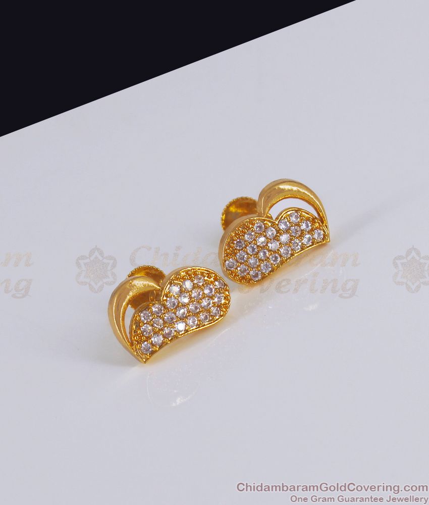 Latest One Gram Gold Heart Stud Earring White Stone Office Wear ER3025