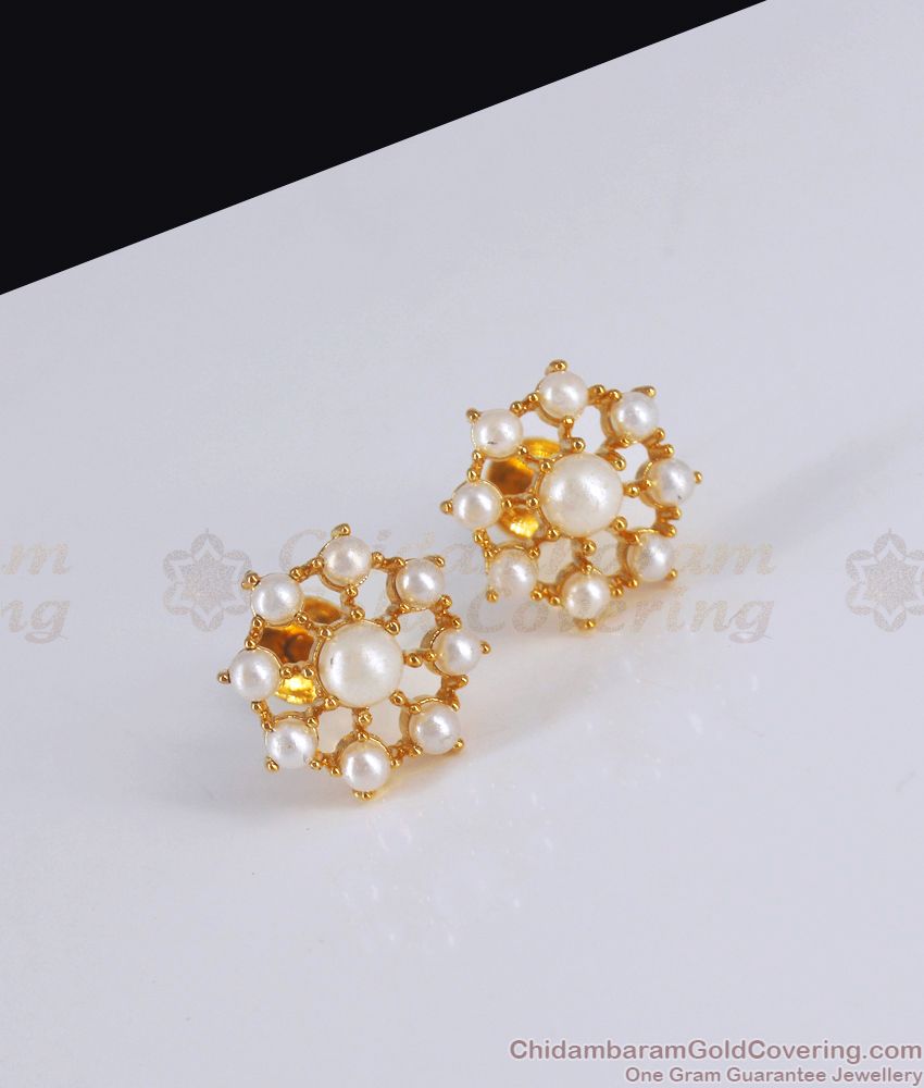 White Pearls Studs Floral Gold Tone Earring College and Office Wear ER3029