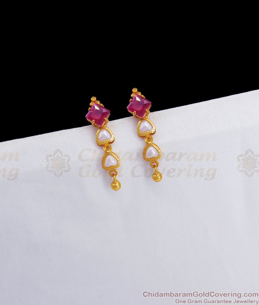 Dual Heart Gold Plated Pearl Earring Ruby White Stone ER3036
