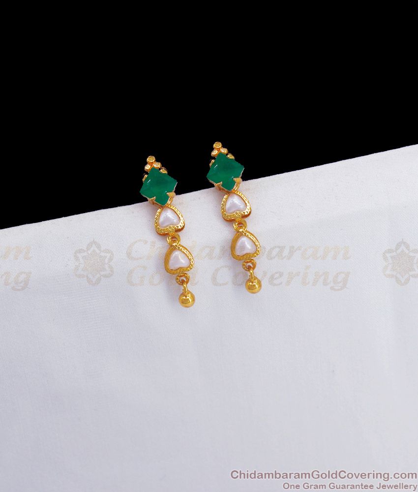 Dual Heart Gold Pearl Earring Emerald White Stone ER3037