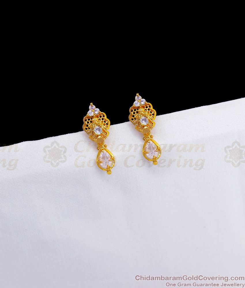 South Indian One Gram Gold Earring Small Stud White Stone ER3039