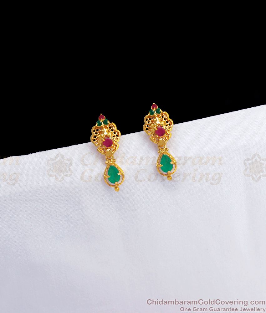 Cute Daily Wear Gold Plated Stud Earring Ruby Green Stone ER3042