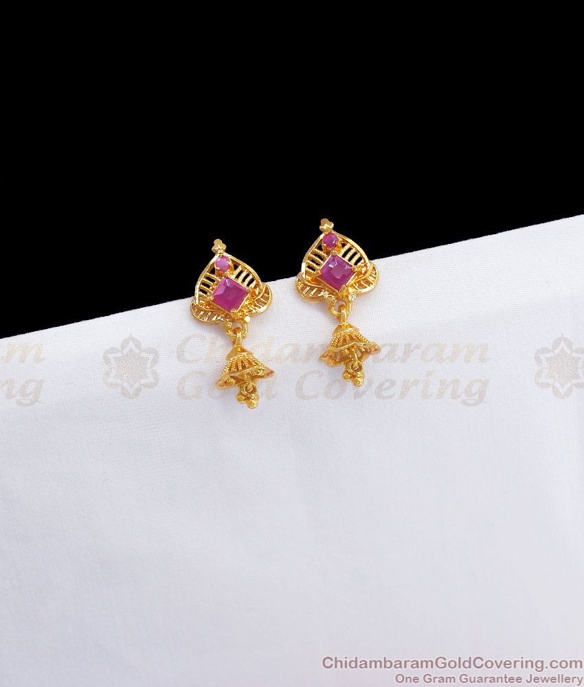 Small Gold Jhumka Earring Ruby Stone Hanging Beads Design ER3048
